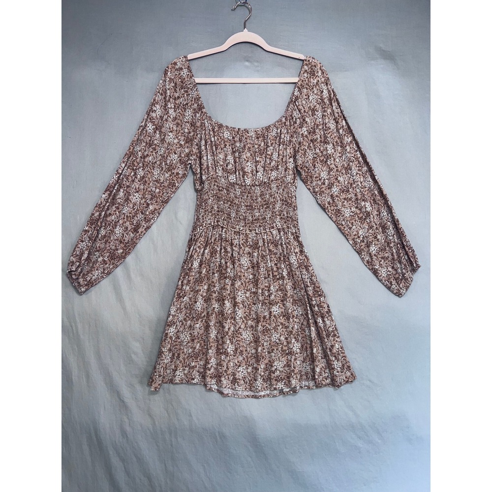 Boho Mini Dress Brown Floral Long Sleeve Smocked Waist Size Small